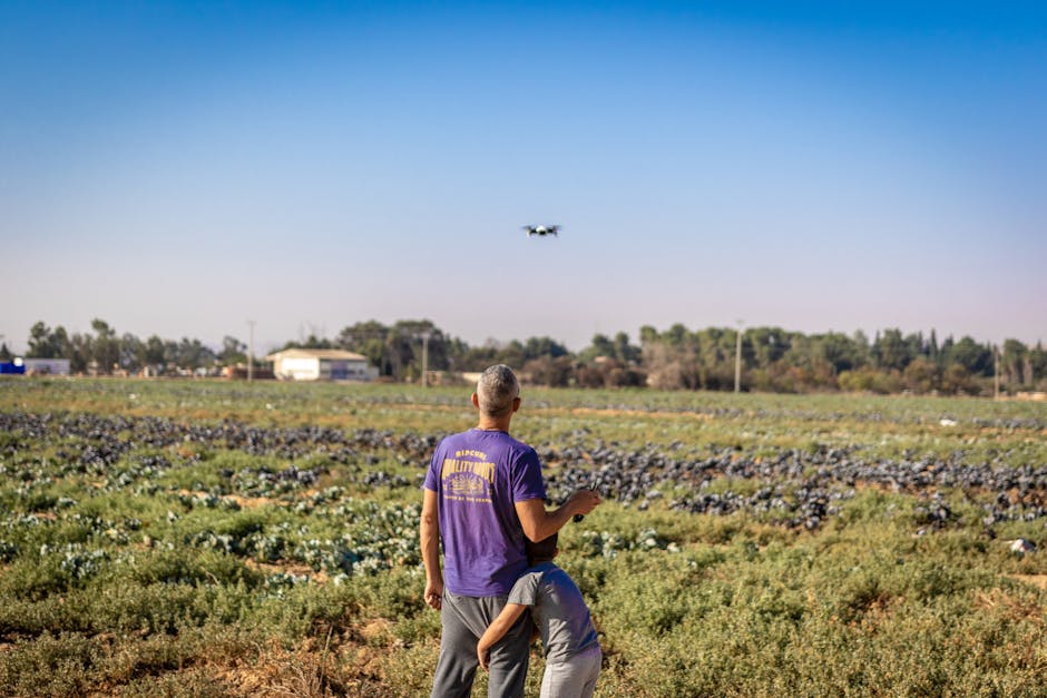 Man and child fly drone over green farmland, capturing scenic rural landscape.