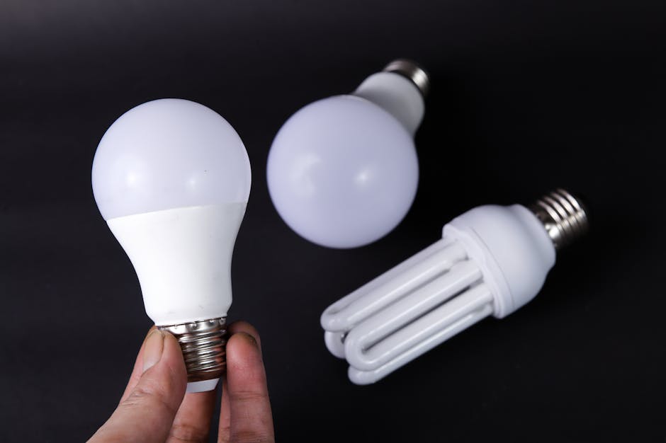 Close-up of energy-efficient LED and CFL light bulbs on a black surface.